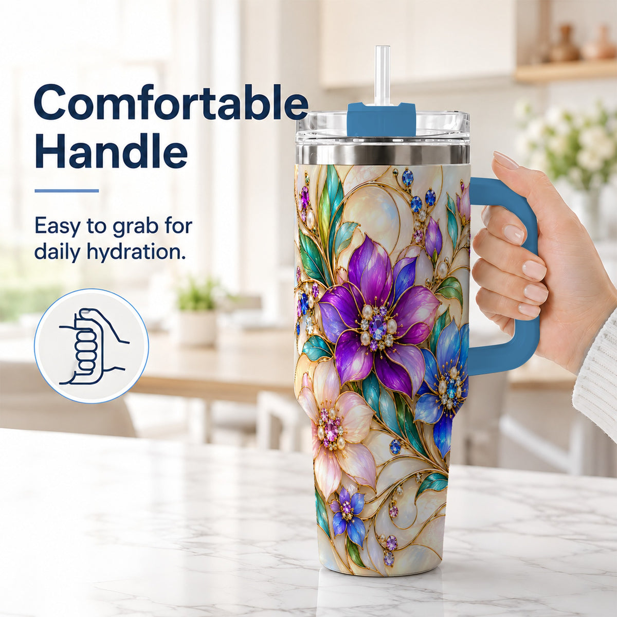 #pl[40oz|Blue] Gem Floral 40oz Tumbler with Handle, Colorful Stainless Steel Travel Cup