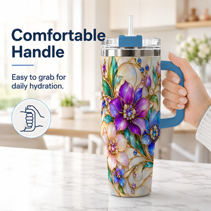 #pl[40oz|Blue] Gem Floral 40oz Tumbler with Handle, Colorful Stainless Steel Travel Cup