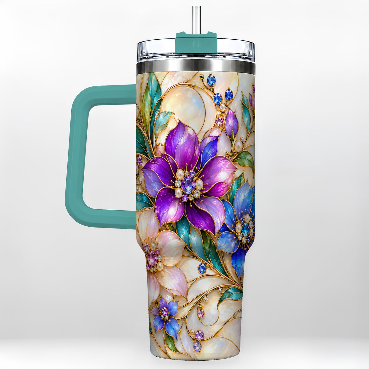 #pl[40oz|Green] Gem Floral 40oz Tumbler with Handle, Colorful Stainless Steel Travel Cup