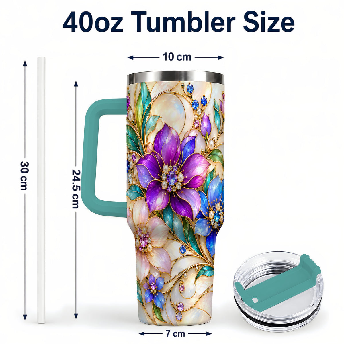 #pl[40oz|Green] Gem Floral 40oz Tumbler with Handle, Colorful Stainless Steel Travel Cup