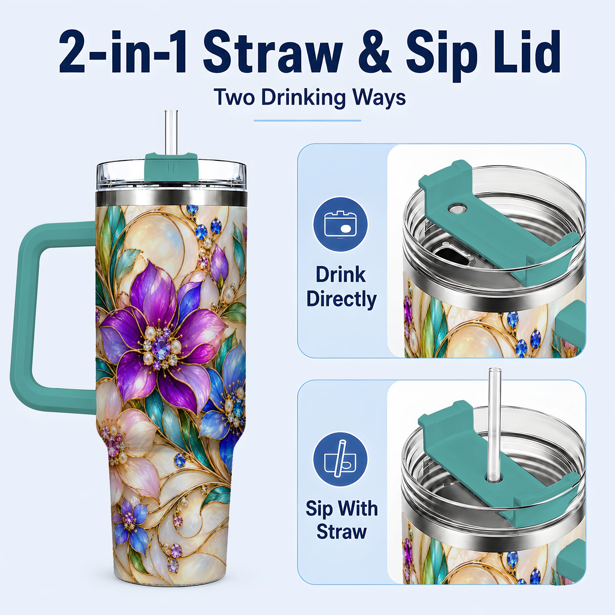 #pl[40oz|Green] Gem Floral 40oz Tumbler with Handle, Colorful Stainless Steel Travel Cup