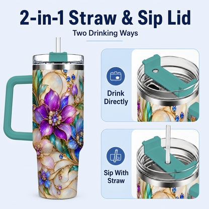 #pl[40oz|Green] Gem Floral 40oz Tumbler with Handle, Colorful Stainless Steel Travel Cup
