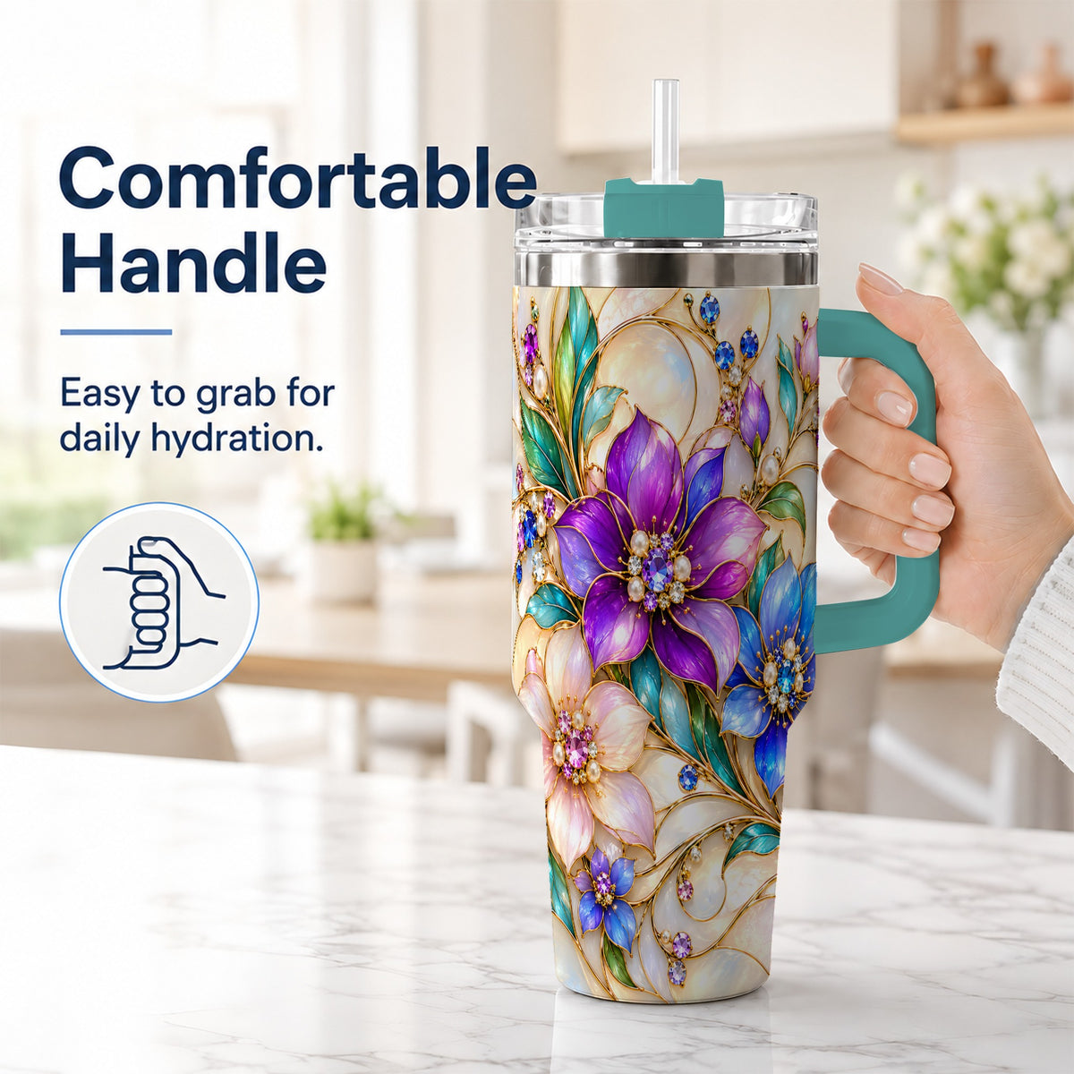 #pl[40oz|Green] Gem Floral 40oz Tumbler with Handle, Colorful Stainless Steel Travel Cup