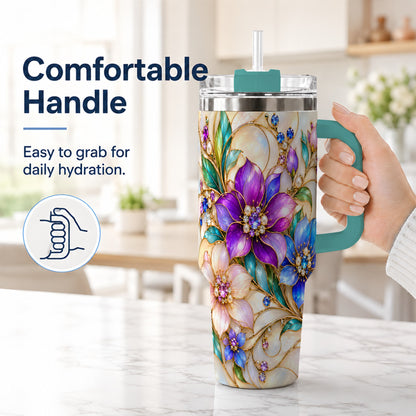 #pl[40oz|Green] Gem Floral 40oz Tumbler with Handle, Colorful Stainless Steel Travel Cup