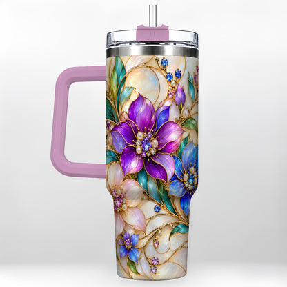 #pl[40oz|Pink] Gem Floral 40oz Tumbler with Handle, Colorful Stainless Steel Travel Cup