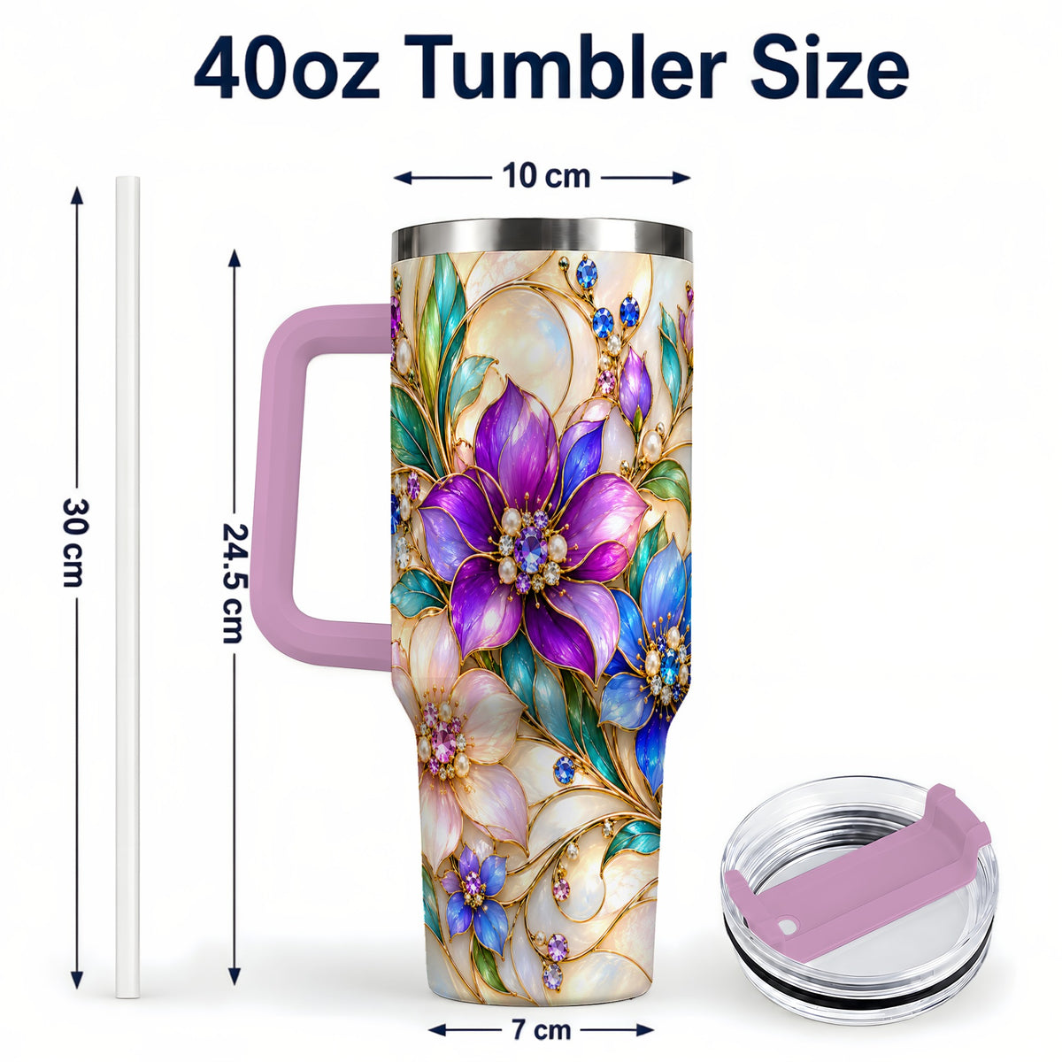 #pl[40oz|Pink] Gem Floral 40oz Tumbler with Handle, Colorful Stainless Steel Travel Cup