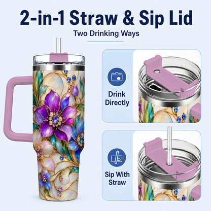 #pl[40oz|Pink] Gem Floral 40oz Tumbler with Handle, Colorful Stainless Steel Travel Cup