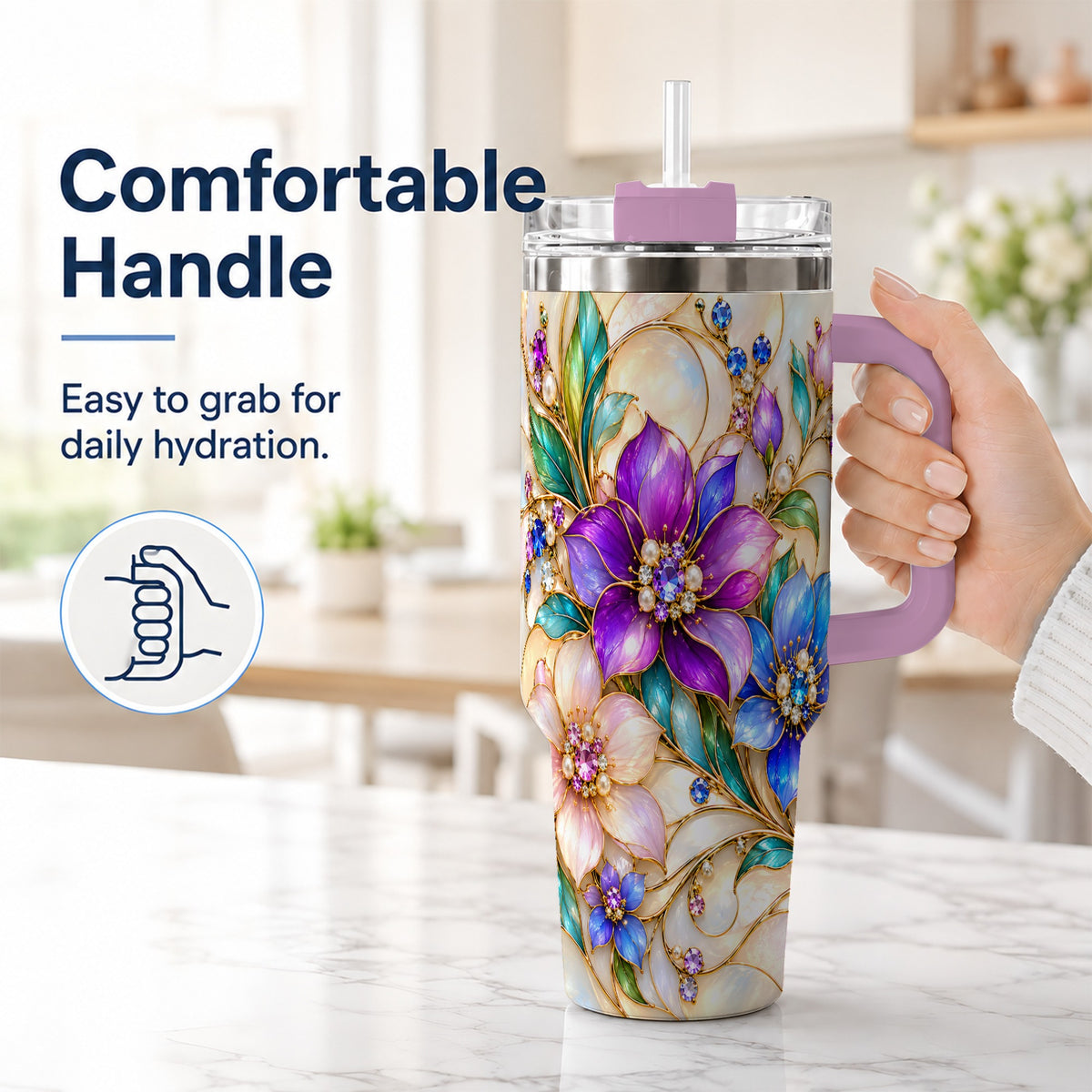 #pl[40oz|Pink] Gem Floral 40oz Tumbler with Handle, Colorful Stainless Steel Travel Cup