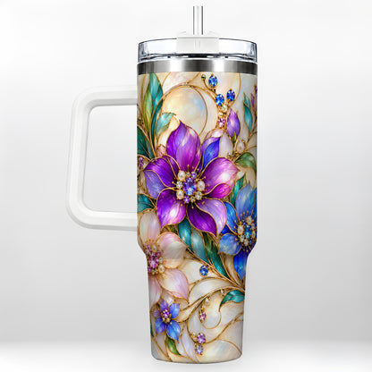 Gem Floral 40oz Tumbler with Handle, Colorful Stainless Steel Travel Cup