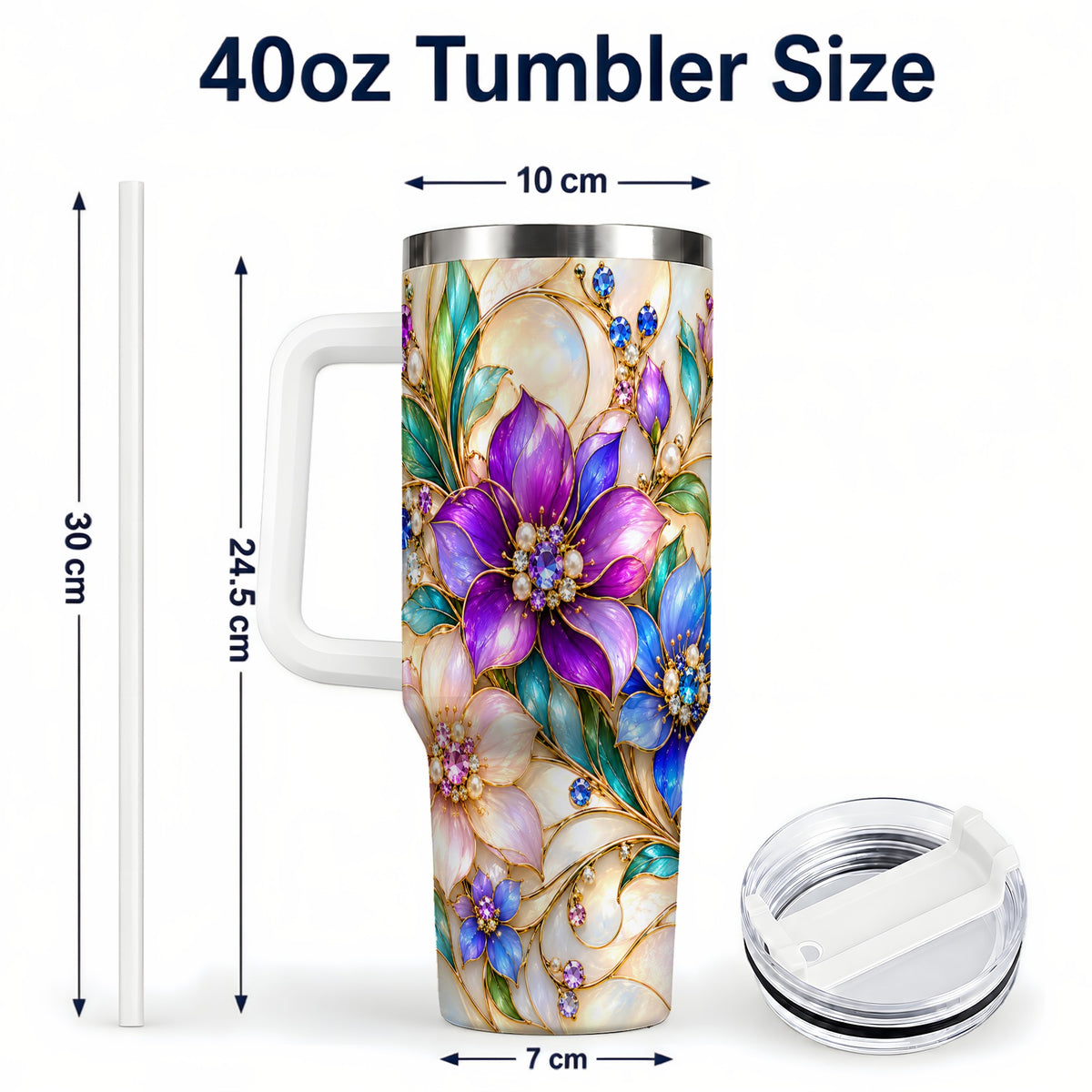 #pl[40oz|White] Gem Floral 40oz Tumbler with Handle, Colorful Stainless Steel Travel Cup