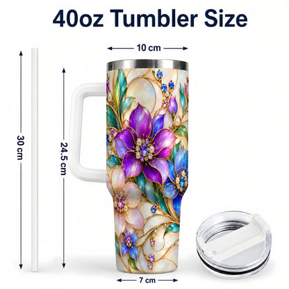 #pl[40oz|White] Gem Floral 40oz Tumbler with Handle, Colorful Stainless Steel Travel Cup