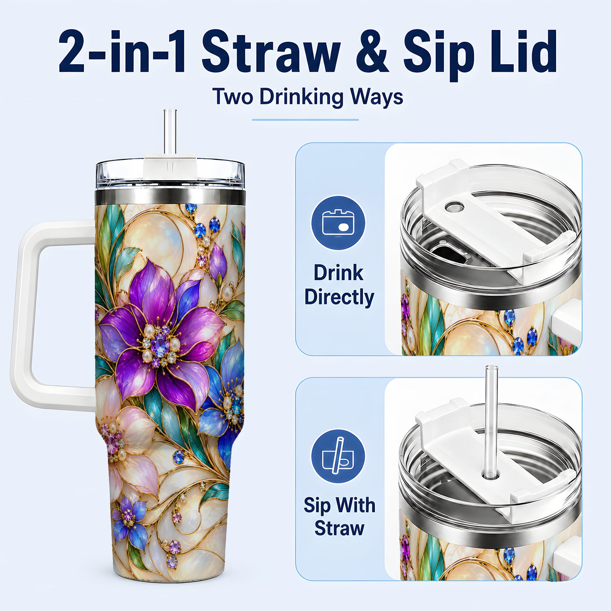 #pl[40oz|White] Gem Floral 40oz Tumbler with Handle, Colorful Stainless Steel Travel Cup