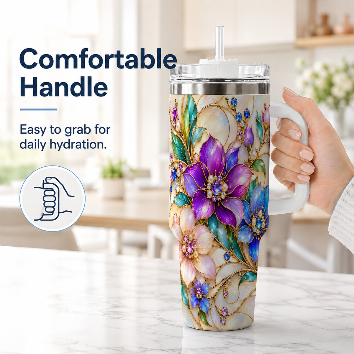 #pl[40oz|White] Gem Floral 40oz Tumbler with Handle, Colorful Stainless Steel Travel Cup