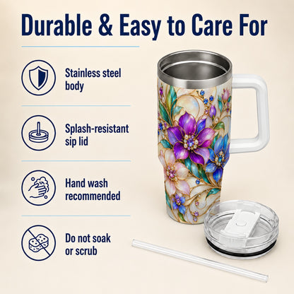 Gem Floral 40oz Tumbler with Handle, Colorful Stainless Steel Travel Cup