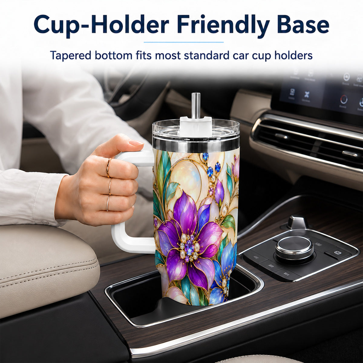 Gem Floral 40oz Tumbler with Handle, Colorful Stainless Steel Travel Cup