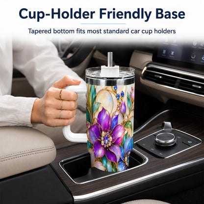 Gem Floral 40oz Tumbler with Handle, Colorful Stainless Steel Travel Cup