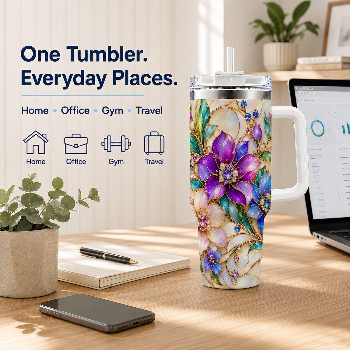Gem Floral 40oz Tumbler with Handle, Colorful Stainless Steel Travel Cup