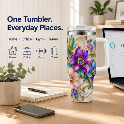Gem Floral 40oz Tumbler with Handle, Colorful Stainless Steel Travel Cup