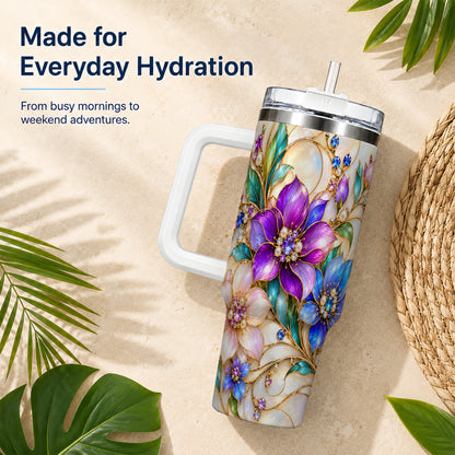 Gem Floral 40oz Tumbler with Handle, Colorful Stainless Steel Travel Cup