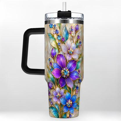 #pl[40oz|Black] Purple Floral 40oz Tumbler with Handle, Jeweled Stainless Steel Travel Cup