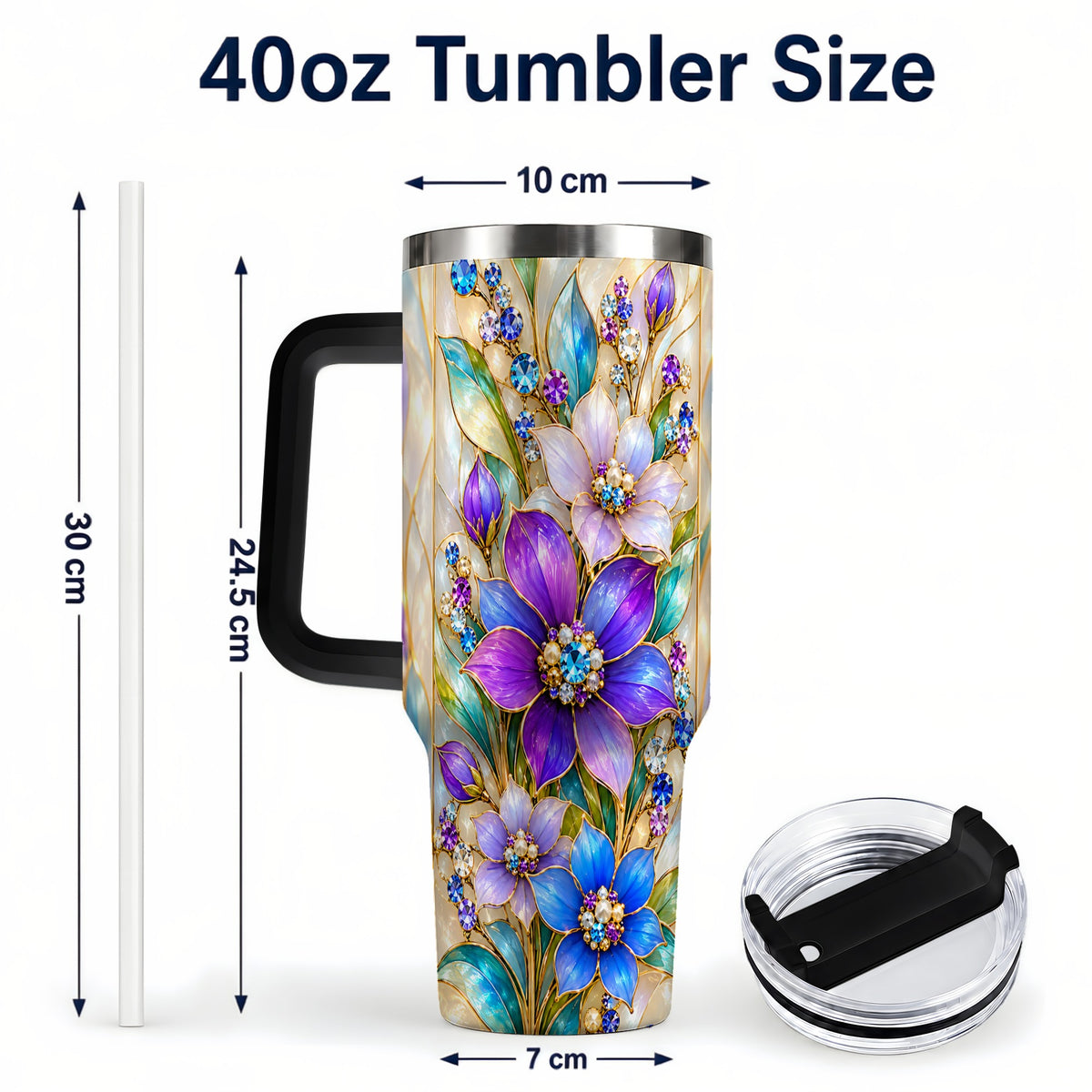 #pl[40oz|Black] Purple Floral 40oz Tumbler with Handle, Jeweled Stainless Steel Travel Cup