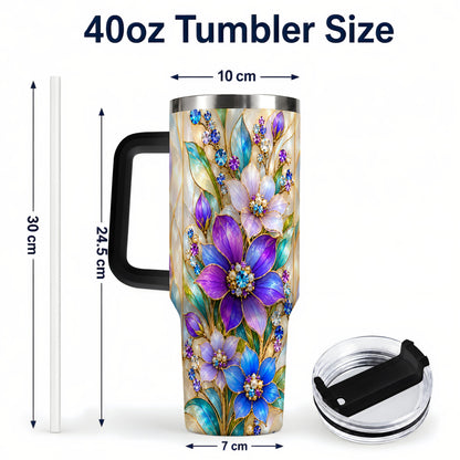 #pl[40oz|Black] Purple Floral 40oz Tumbler with Handle, Jeweled Stainless Steel Travel Cup