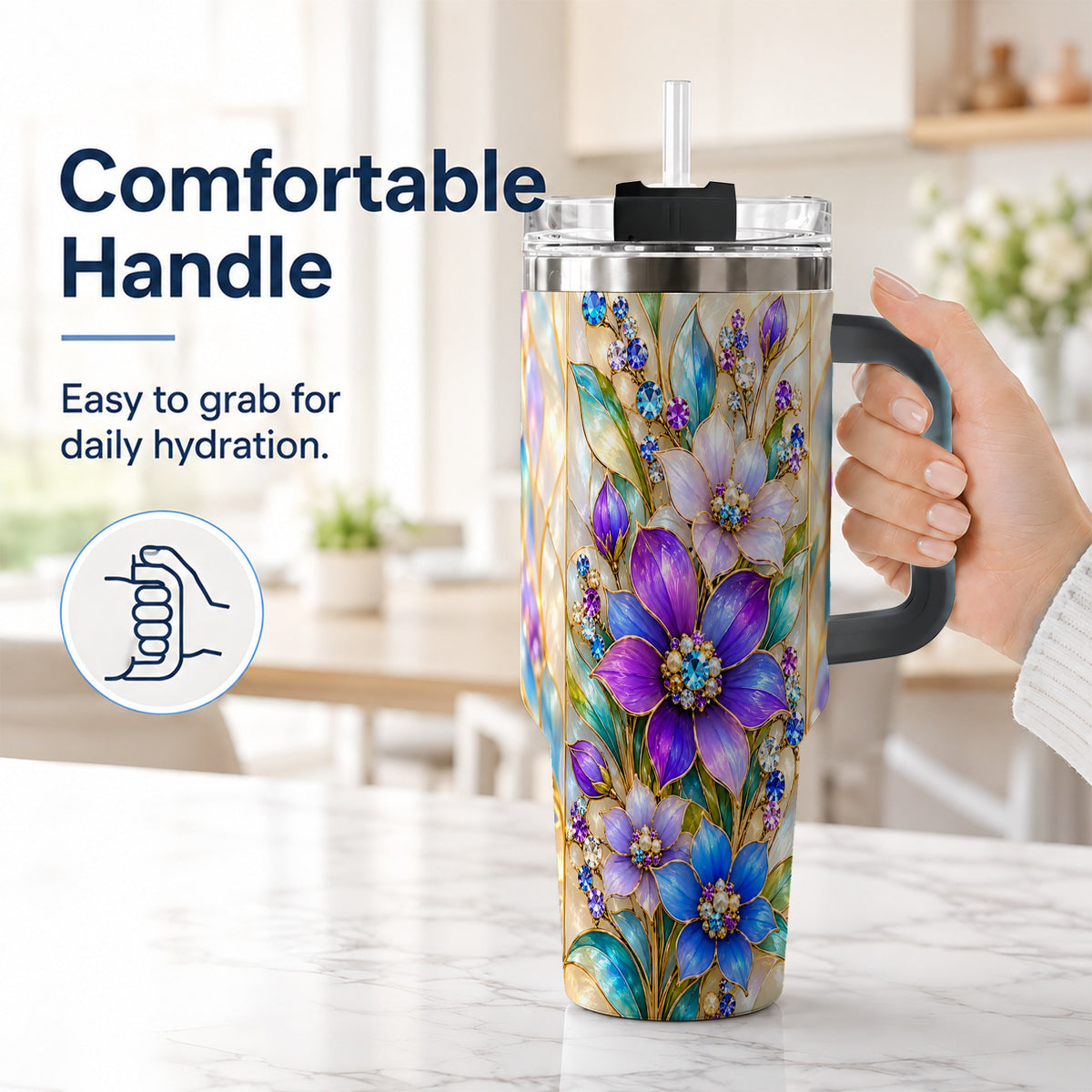 #pl[40oz|Black] Purple Floral 40oz Tumbler with Handle, Jeweled Stainless Steel Travel Cup