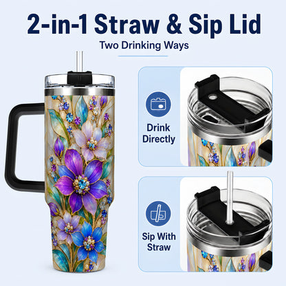 #pl[40oz|Black] Purple Floral 40oz Tumbler with Handle, Jeweled Stainless Steel Travel Cup
