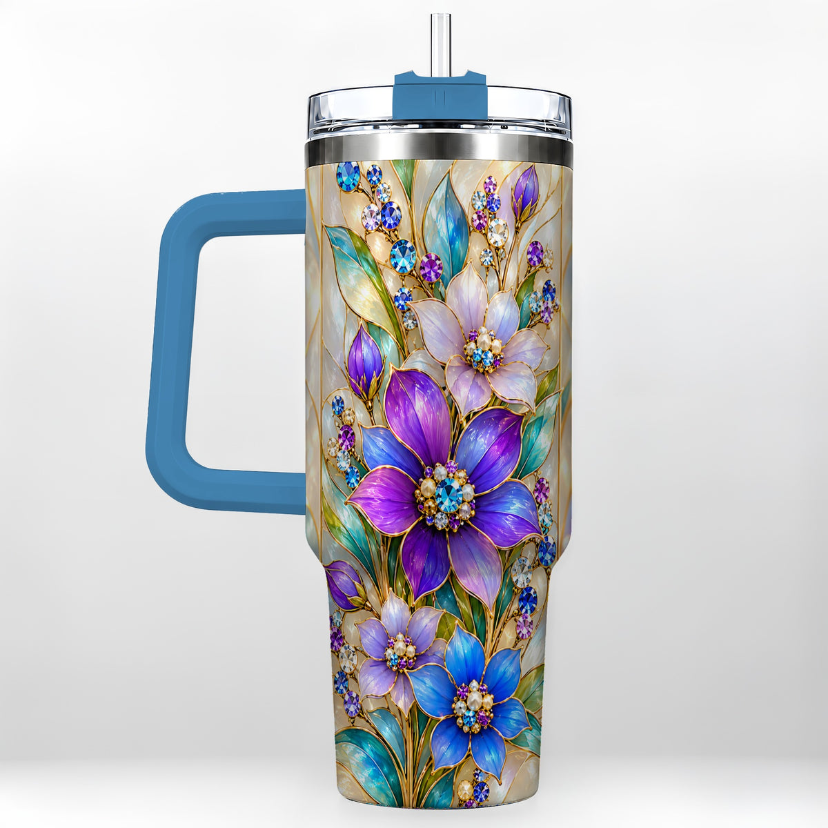 #pl[40oz|Blue] Purple Floral 40oz Tumbler with Handle, Jeweled Stainless Steel Travel Cup