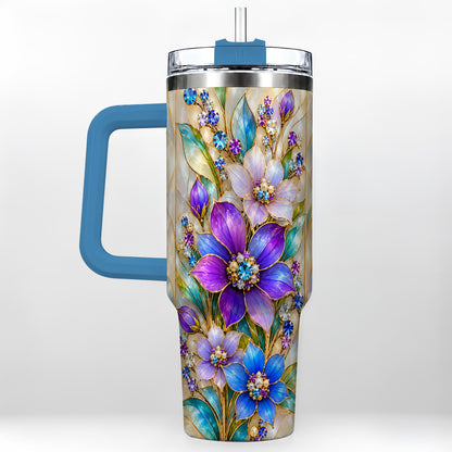 #pl[40oz|Blue] Purple Floral 40oz Tumbler with Handle, Jeweled Stainless Steel Travel Cup
