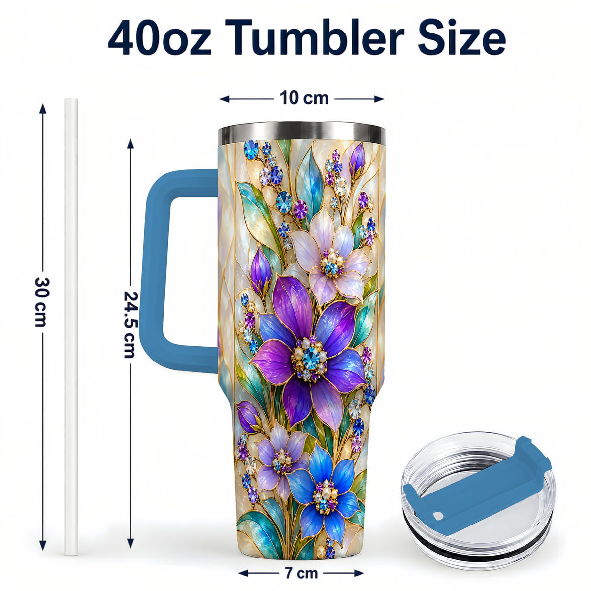 #pl[40oz|Blue] Purple Floral 40oz Tumbler with Handle, Jeweled Stainless Steel Travel Cup