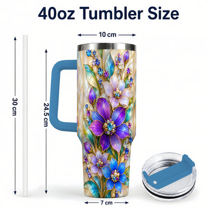 #pl[40oz|Blue] Purple Floral 40oz Tumbler with Handle, Jeweled Stainless Steel Travel Cup