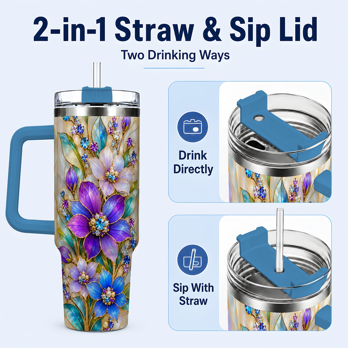 #pl[40oz|Blue] Purple Floral 40oz Tumbler with Handle, Jeweled Stainless Steel Travel Cup