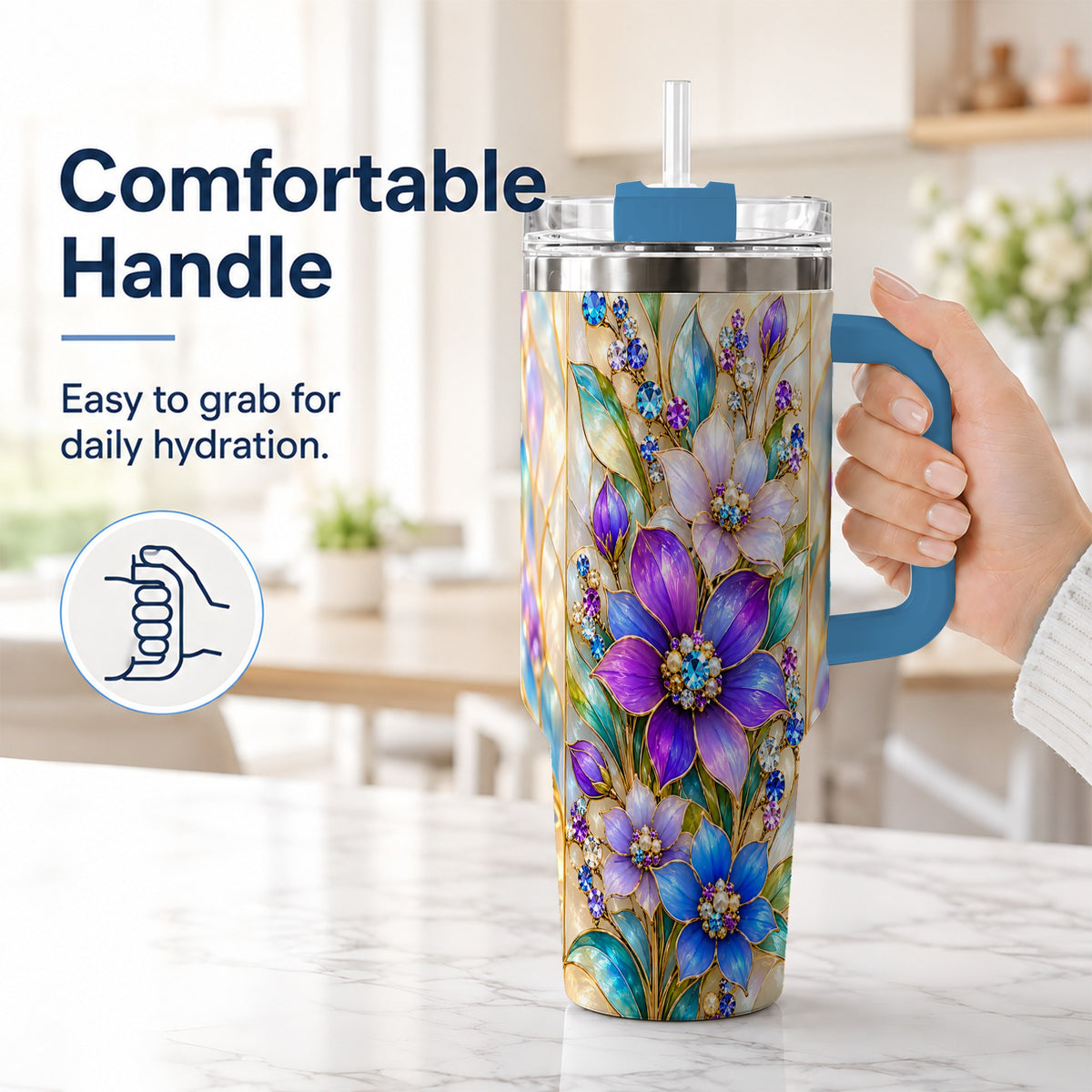 #pl[40oz|Blue] Purple Floral 40oz Tumbler with Handle, Jeweled Stainless Steel Travel Cup