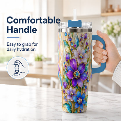 #pl[40oz|Blue] Purple Floral 40oz Tumbler with Handle, Jeweled Stainless Steel Travel Cup