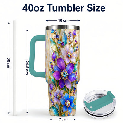 #pl[40oz|Green] Purple Floral 40oz Tumbler with Handle, Jeweled Stainless Steel Travel Cup