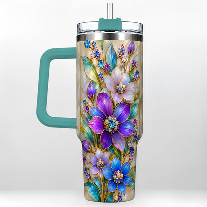 #pl[40oz|Green] Purple Floral 40oz Tumbler with Handle, Jeweled Stainless Steel Travel Cup