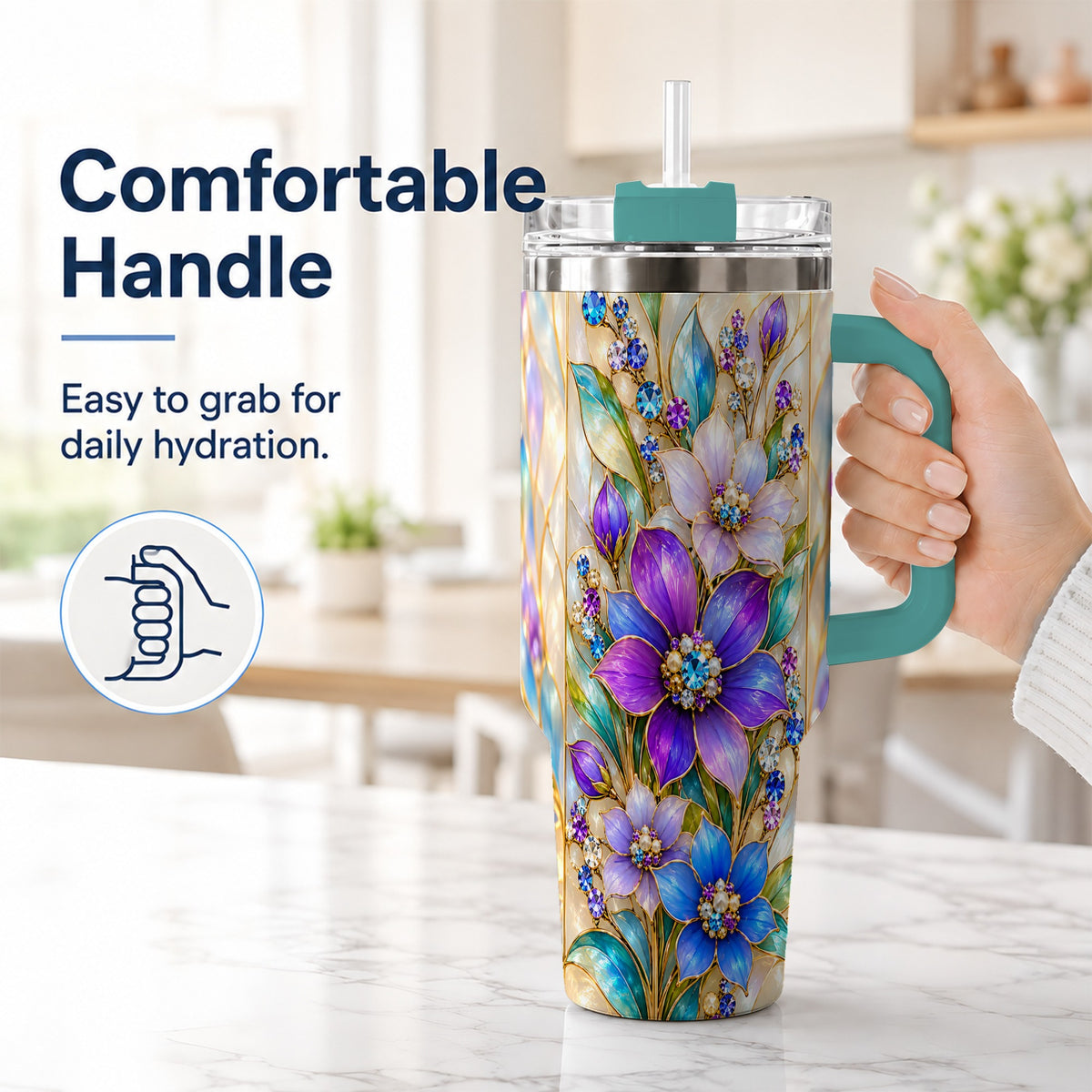 #pl[40oz|Green] Purple Floral 40oz Tumbler with Handle, Jeweled Stainless Steel Travel Cup
