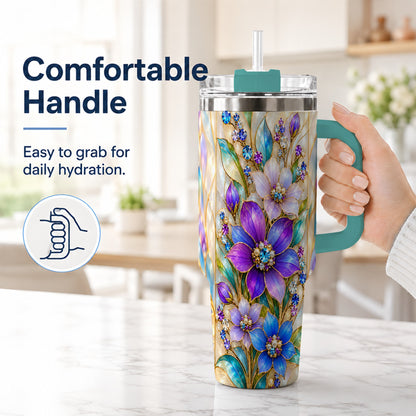 #pl[40oz|Green] Purple Floral 40oz Tumbler with Handle, Jeweled Stainless Steel Travel Cup