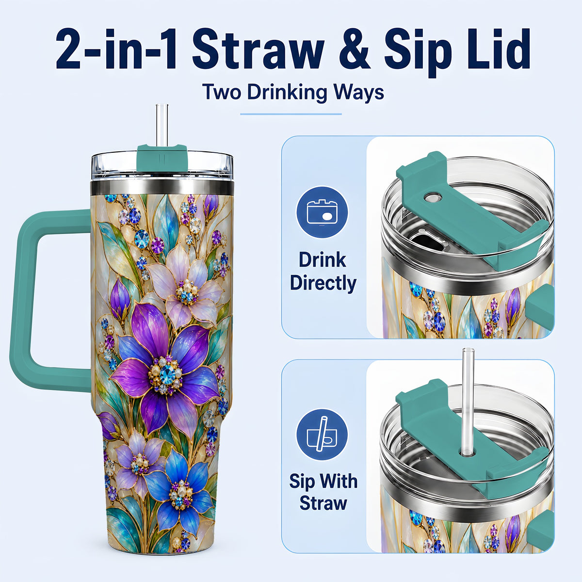 #pl[40oz|Green] Purple Floral 40oz Tumbler with Handle, Jeweled Stainless Steel Travel Cup