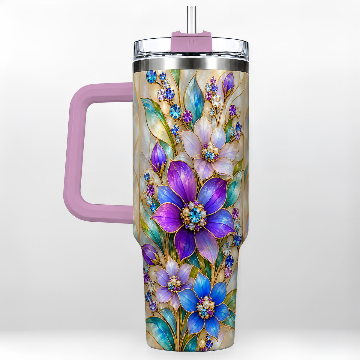 #pl[40oz|Pink] Purple Floral 40oz Tumbler with Handle, Jeweled Stainless Steel Travel Cup