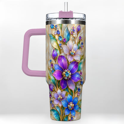 #pl[40oz|Pink] Purple Floral 40oz Tumbler with Handle, Jeweled Stainless Steel Travel Cup