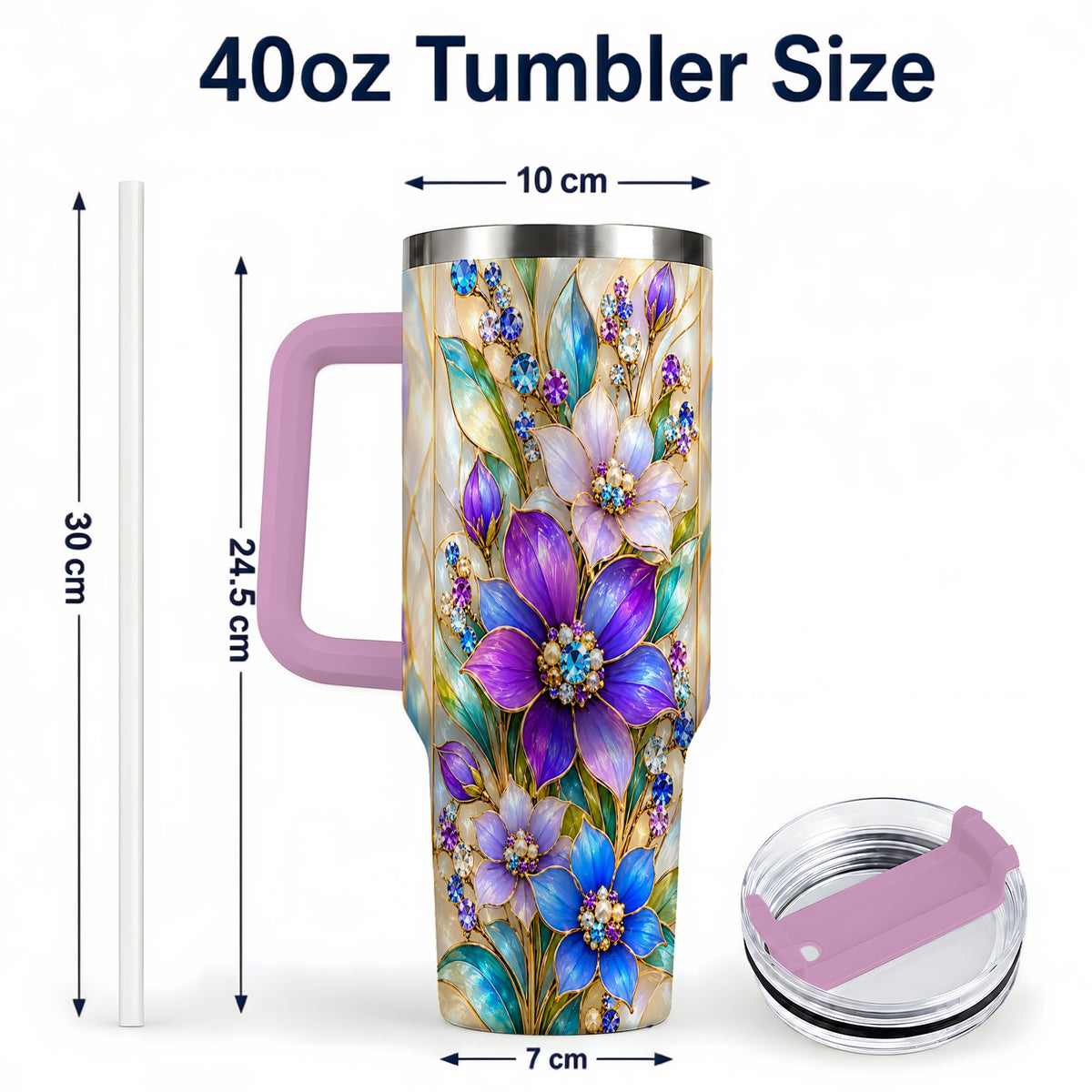 #pl[40oz|Pink] Purple Floral 40oz Tumbler with Handle, Jeweled Stainless Steel Travel Cup