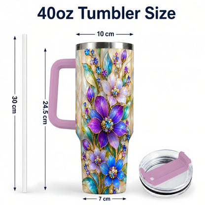 #pl[40oz|Pink] Purple Floral 40oz Tumbler with Handle, Jeweled Stainless Steel Travel Cup