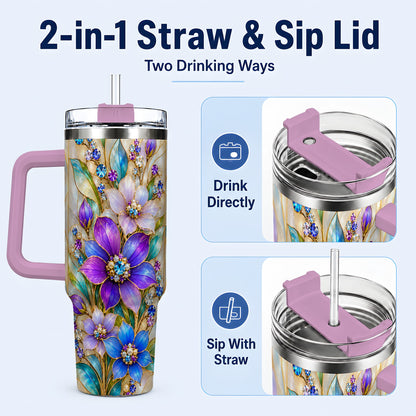 #pl[40oz|Pink] Purple Floral 40oz Tumbler with Handle, Jeweled Stainless Steel Travel Cup