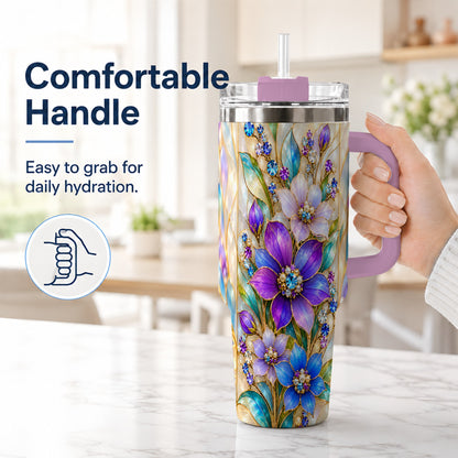 #pl[40oz|Pink] Purple Floral 40oz Tumbler with Handle, Jeweled Stainless Steel Travel Cup