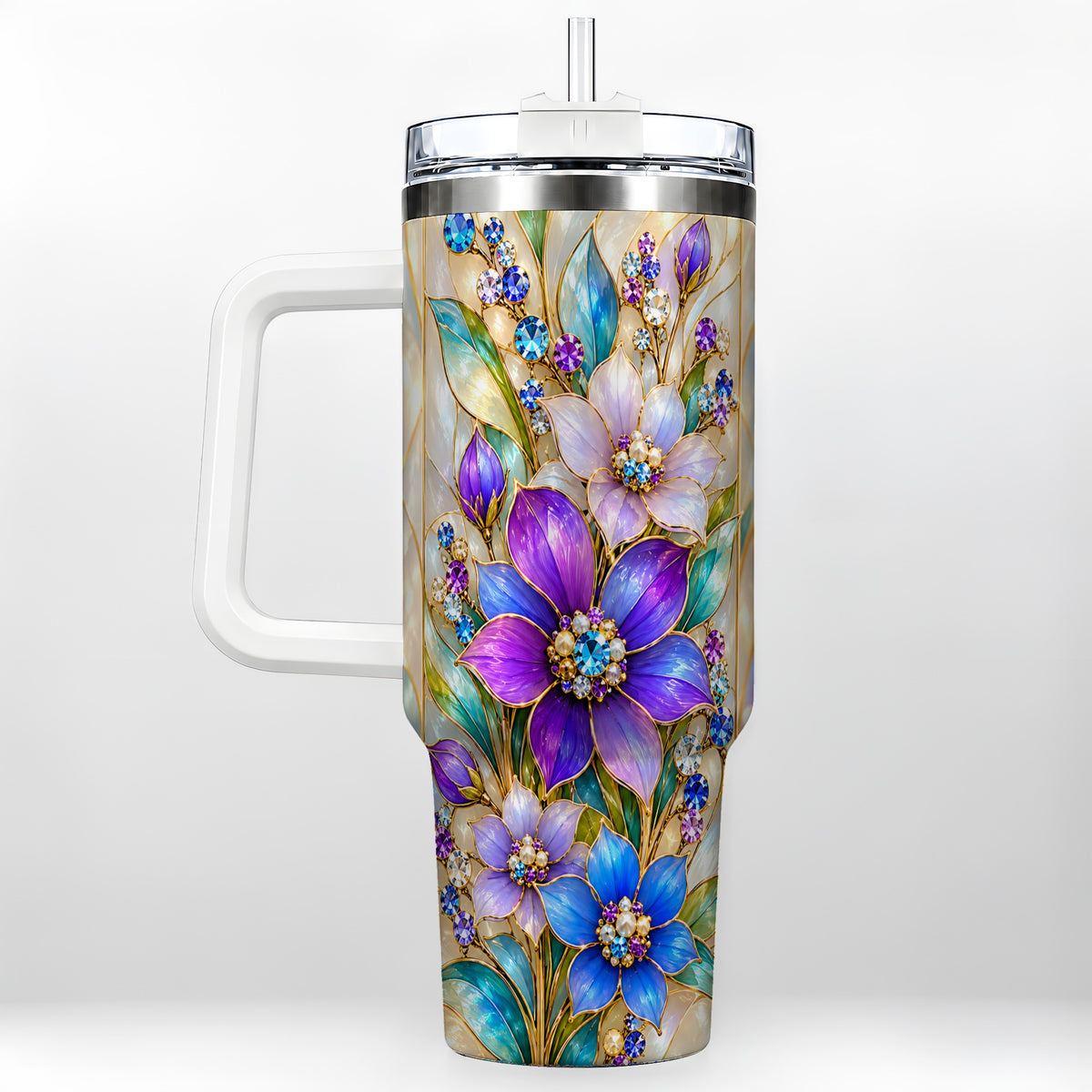 Purple Floral 40oz Tumbler with Handle, Jeweled Stainless Steel Travel Cup