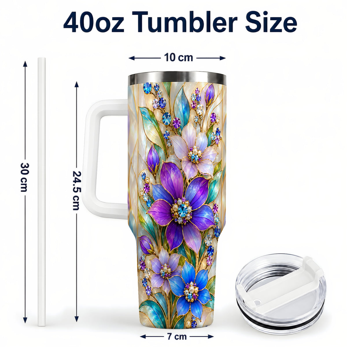 #pl[40oz|White] Purple Floral 40oz Tumbler with Handle, Jeweled Stainless Steel Travel Cup