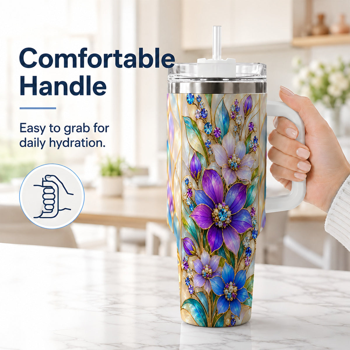 #pl[40oz|White] Purple Floral 40oz Tumbler with Handle, Jeweled Stainless Steel Travel Cup