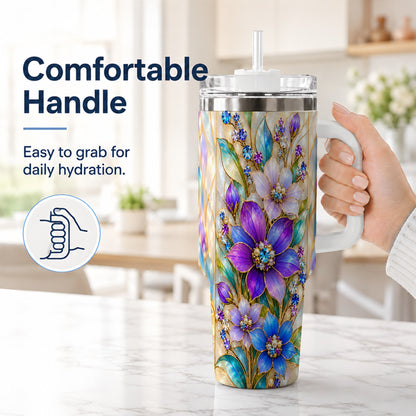 #pl[40oz|White] Purple Floral 40oz Tumbler with Handle, Jeweled Stainless Steel Travel Cup